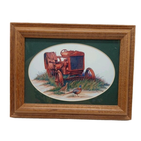 John Deere Art Print Framed Edward Schaefer 6x9 Red Tractor Pheasants - Picture 1 of 6